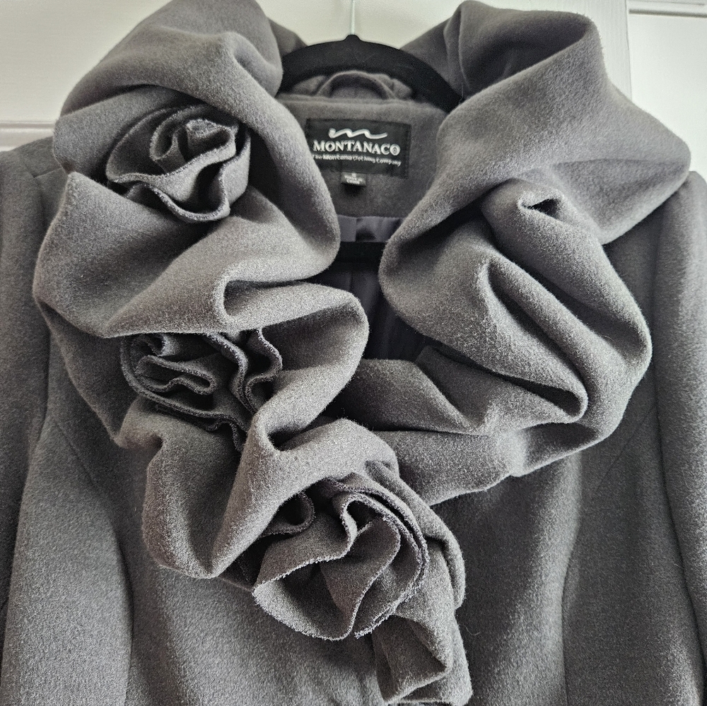 Club Monaco Women's Dark Gray Ruffle Trench Coat - Picture 4 of 5
